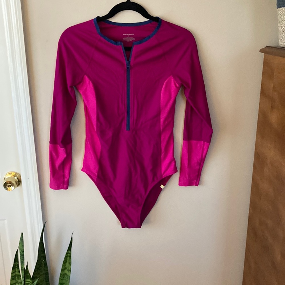 summersalt Magenta and Navy Long-Sleeve One-Piece Swimsuit